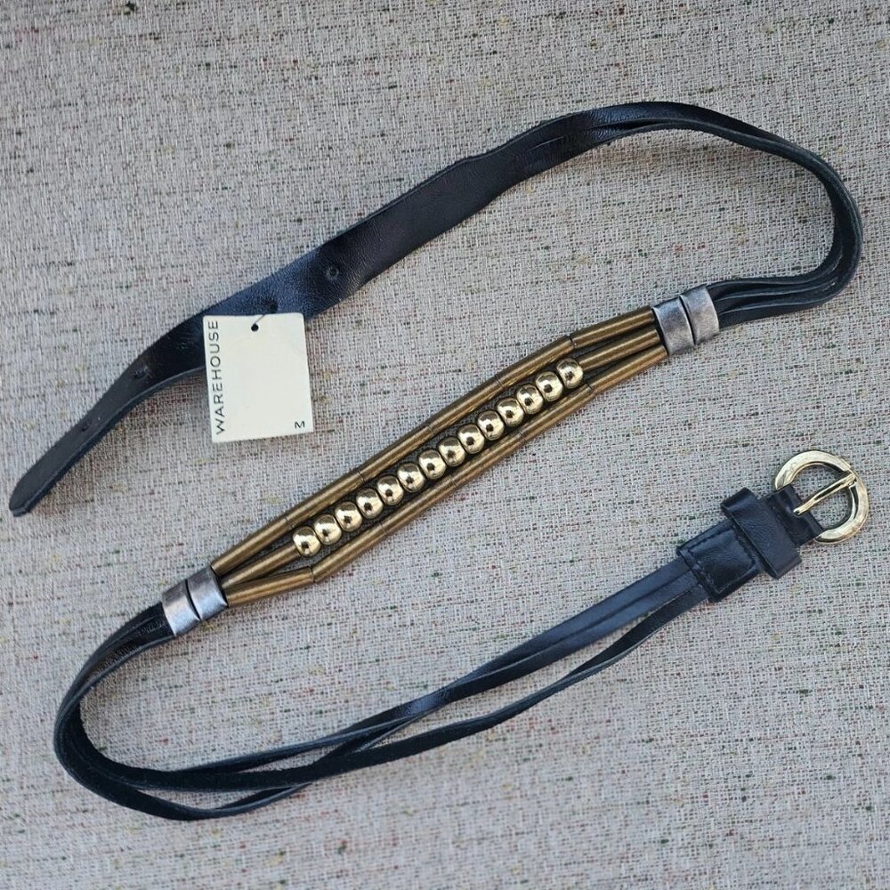 WAREHOUSE Women Belt Black Genuine Leather Gold Tone Pin Buckle Waistband Size M